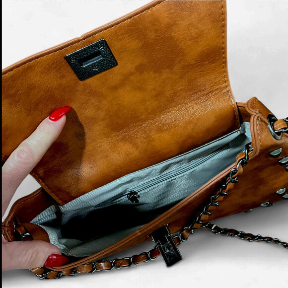 NEW Vintage Y2K Euro Envelope Crossbody Shoulder Bag Purse Cognac Faux Leather - Picture 7 of 8